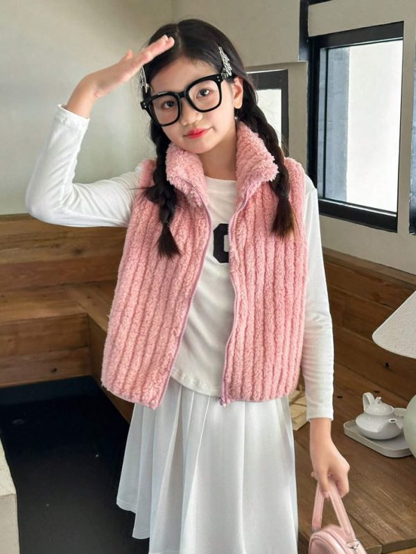 SHEIN Genkimix Kids Fashionable Tween Girls Casual Elegant Warm Sleeveless Plush Vest Jacket