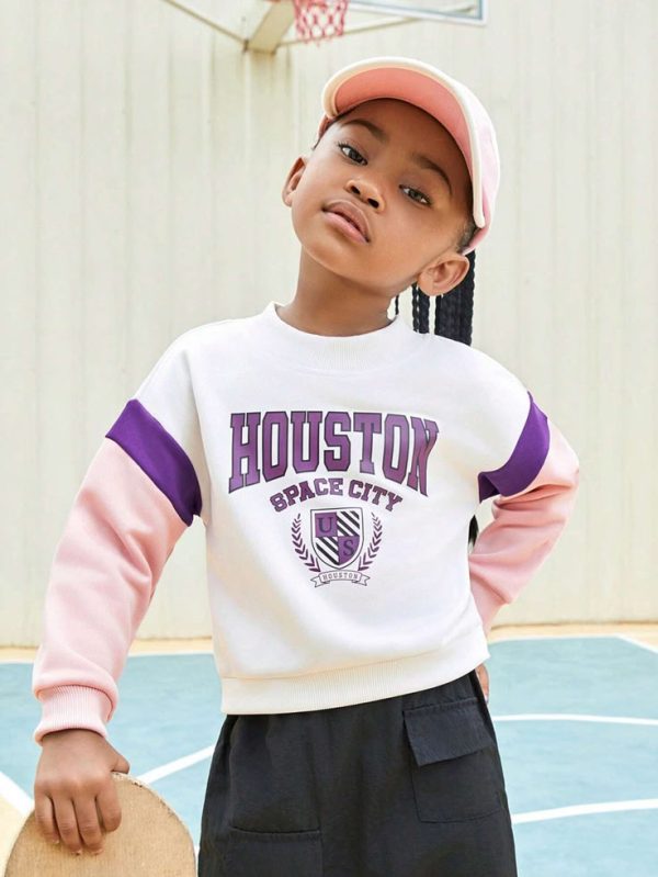 Girls Casual Striped Patchwork & Badge Print Trendy Outfit