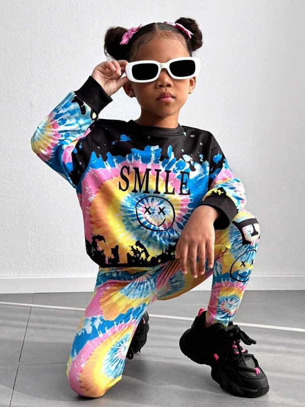 SHEIN Streecool Kids Teen Girls Trendy Tie-Dye Smiling Face Print Hoodie