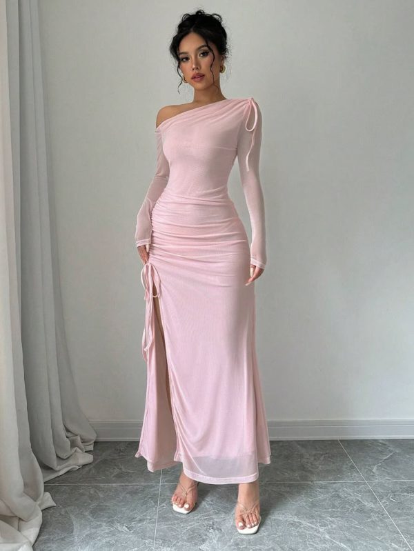 SHEIN Privé Women's Elegant Solid Color Asymmetric Neck Long Sleeve Pleated Side Slit Hem Dress