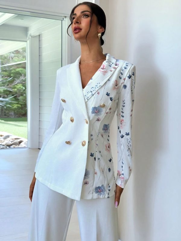 SHEIN Privé Women's Elegant Floral Print & Metal Button Patchwork Elastic Waist Blazer Jacket