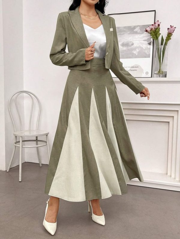 SHEIN Modely Women's Spring/Autumn Casual Short Jacket With Contrast Color Block Skirt Suit Set