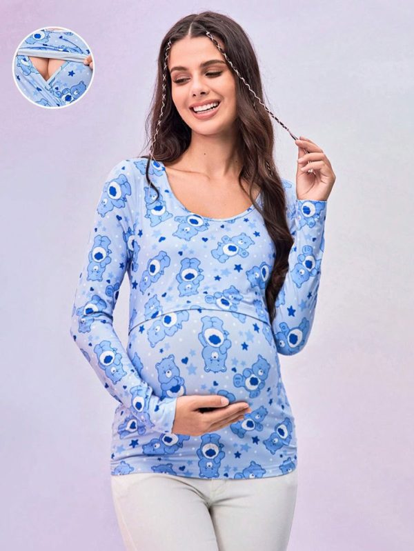 SHEIN X Care Bears Maternity Cartoon Bear Printed Scoop Neck Long Sleeve Nursing T-Shirt