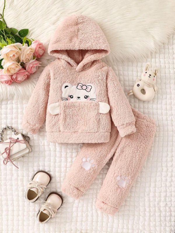Baby Girls' Long Sleeve Cute Cat Hooded Top And Pants Casual Outfit