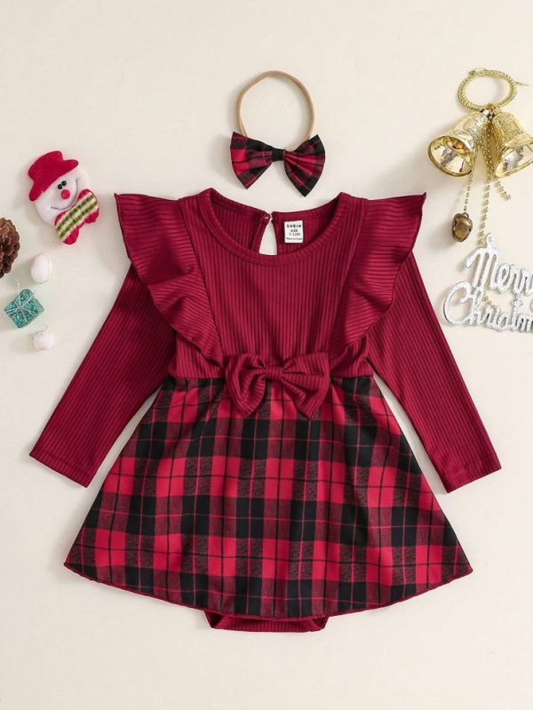 Baby Girl Checkered Pattern Ruffle Hem Long Sleeve Christmas Clothes Romper