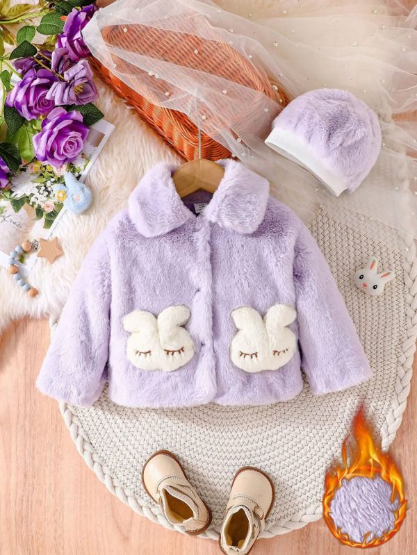 Genkimix Kids Baby Girl Purple Cute Rabbit  Warm Fleece Jacket + Matching Fluffy Purple Hat