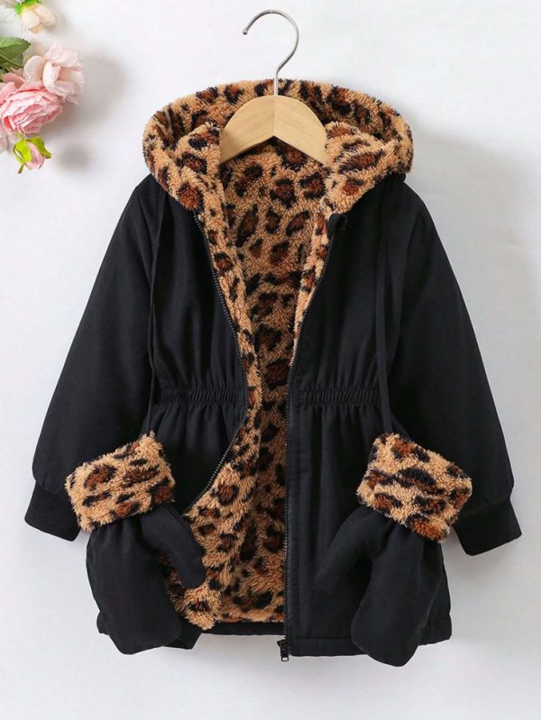 SHEIN Streecool Kids Girls' Casual Black & Leopard Print Faux Fur Set