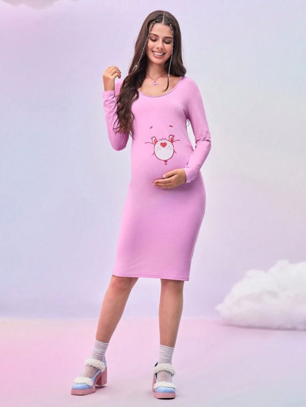 SHEIN X Care Bears Maternity Round Neck Long Sleeve Pink Bear Print Bodycon Dress