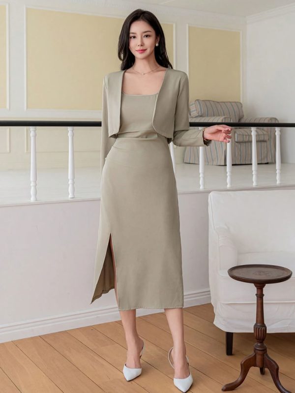 DAZY 2pcs Women Casual Solid Color Blazer Jacket And Slit Strap Dress Set, Spring And Summer
