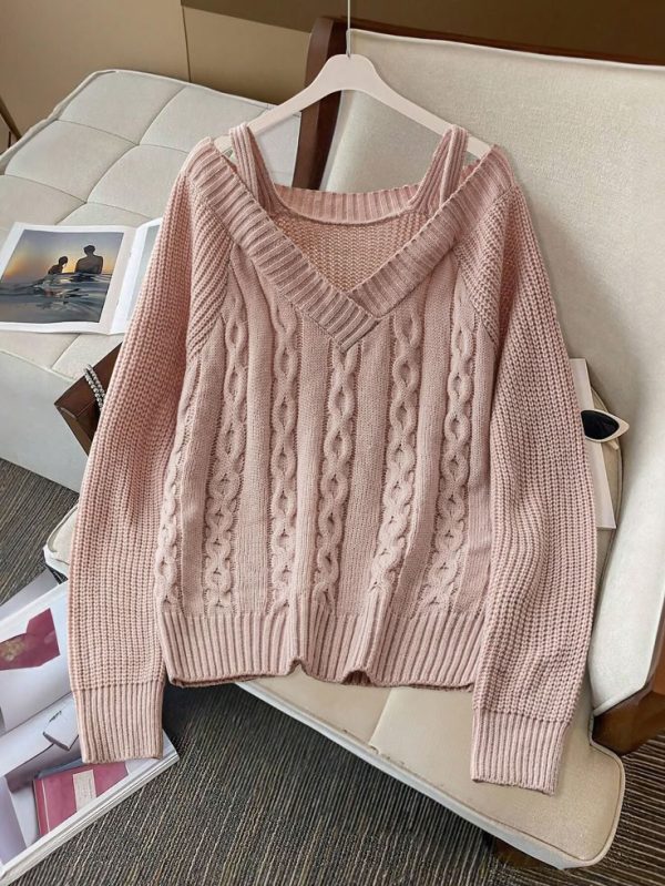 SHEIN LUNE Solid Color V-Neck Rib-Knit Drop Shoulder Long Sleeve Sweater