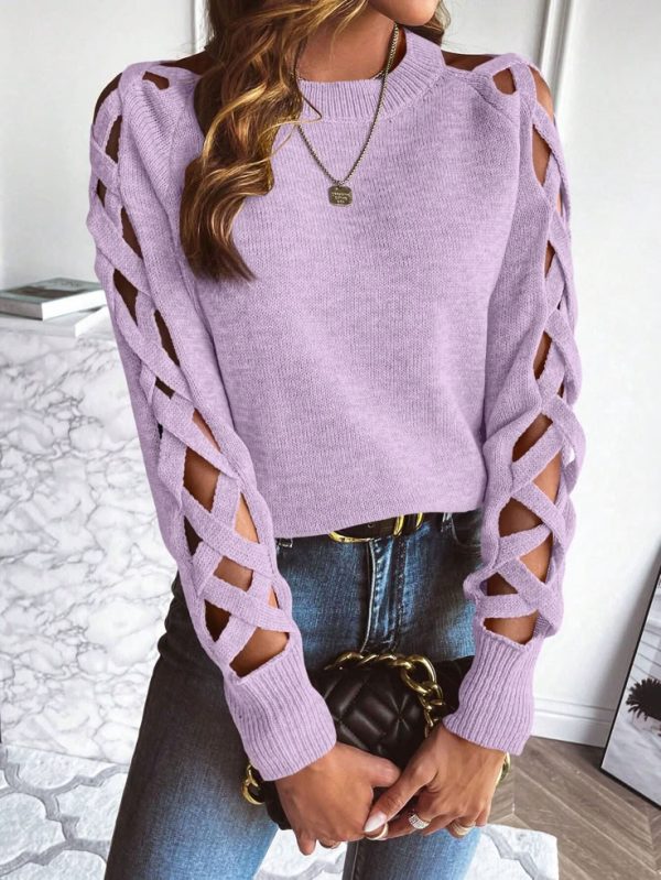SHEIN Essnce Women's Solid Color Crew Neck Long Sleeve Hollow Casual Sweater