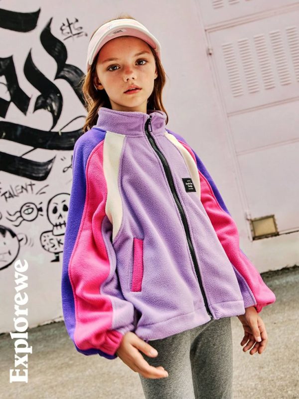 Explorewe Outdoor Casual Style Colorblock Design Warm Stand Collar Girls Fall Jacket
