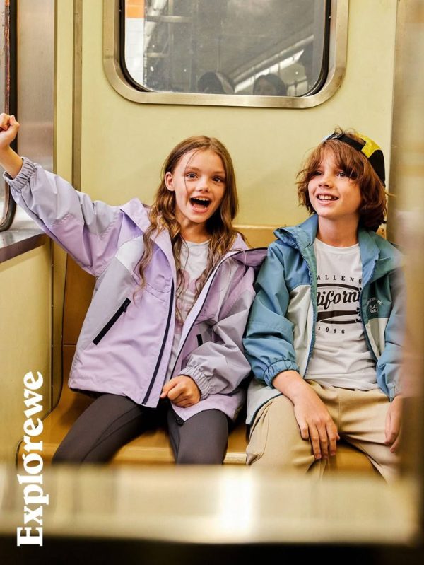 Explorewe Girls' Outdoor Casual Sporty Patchwork Hooded Windbreaker Jacket