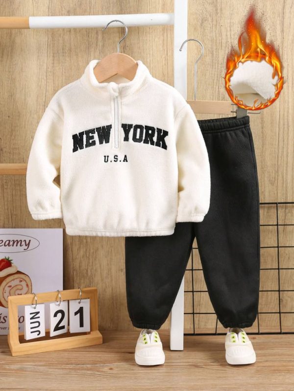 SHEIN 2pcs Baby Boys Cute Letter Embroidered Fluffy Stand Collar Jacket And Elastic Waist Pants Set