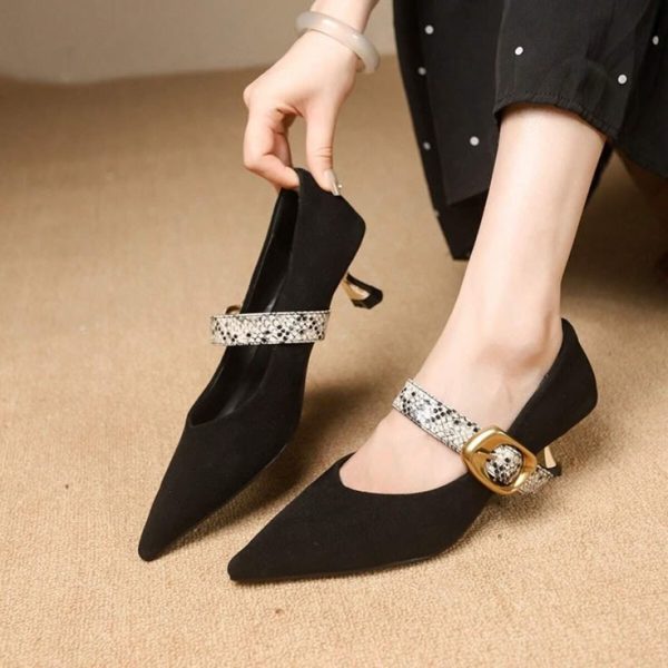 2024 Spring & Autumn New Stylish Pointed Toe Mary Jane Shoes, Slender Buckle Strap