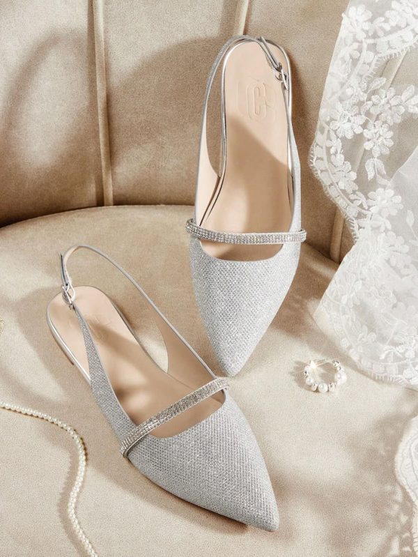 CUCCOO Women's Pointed Toe Flat Shoes With Rhinestone Strap Decoration And Thin Heel