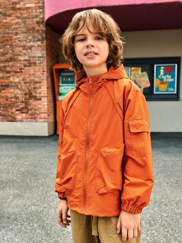 Explorewe Tween Boys' Letter Print Hooded Long Sleeve Utility Jacket, Spring/Autumn