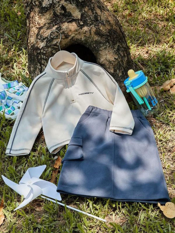 Explorewe 2pcs Young Girls' Casual Zipper Turtleneck Letter Print Sweatshirt + Blue Skirt Outfit