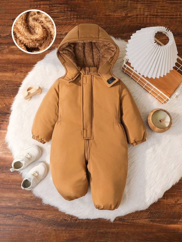 SHEIN Baby Boy & Girl Fleece Lined Quilted Hooded Jumpsuit, Brown, Warm Casual Winter Outfit