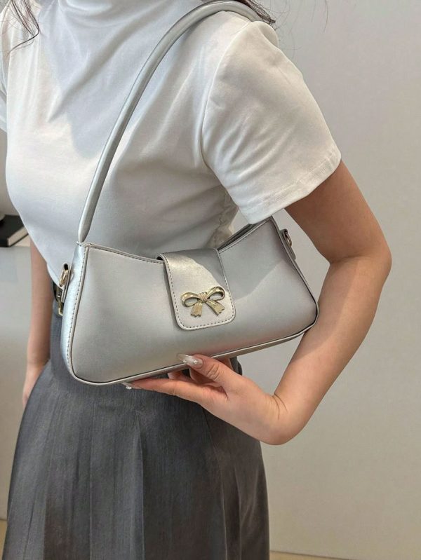 New Simple Style Bow Knot Decorated Shoulder Bag, Solid Color Crossbody Bag For Women