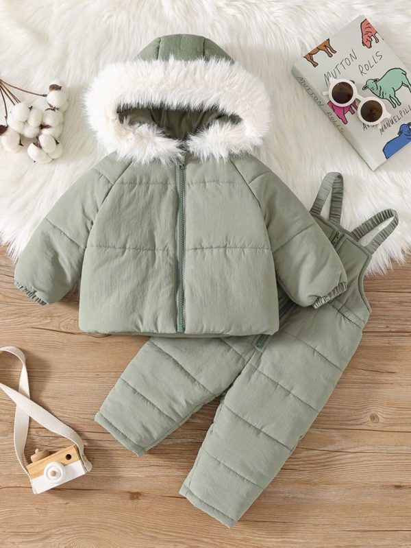 SHEIN 2pcs/Set Baby Boy Plush Hooded Padded Coat & Suspender Pants Winter Outfit Set