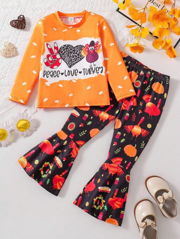 2pcs Girls Simple Fashion Food Print Bell-Bottom Pants And Long Sleeve Top Casual Comfortable Set