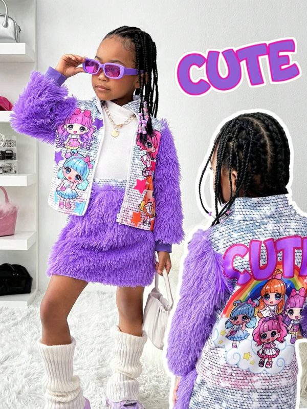 SHEIN Streecool Kids Young Girl  Aesthetic Cartoon Print Full Zip Fleece Lined Jacket & Skirt