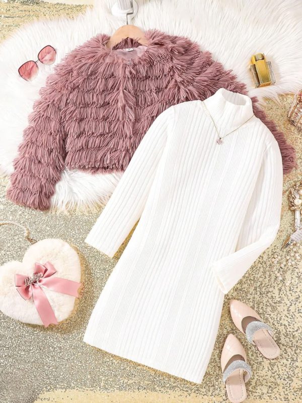 2pcs Tween Girls' Elegant High-End Stylish Long Sleeve Faux Fur Jacket