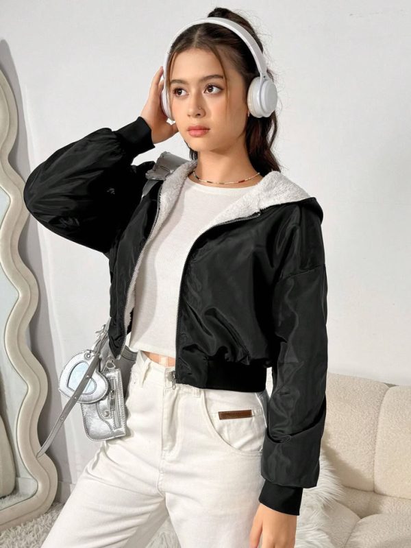 Teen Girl Casual Stylish Short Colorblock Fluffy Black Bomber Jacket