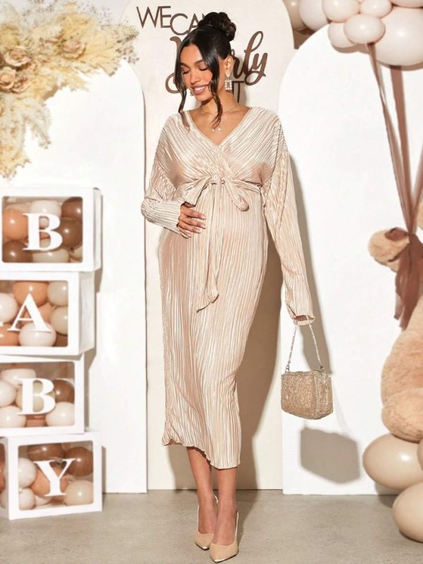 SHEIN Loomaby SHEIN Pregnant Women V-Neck Belted Split Hem Long Sleeve Solid Color Dress