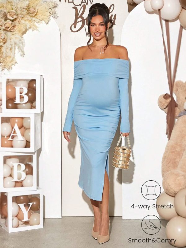 SHEIN Loomaby Powder Blue Bardot Twist Maternity Midi Dress For Baby Shower Party