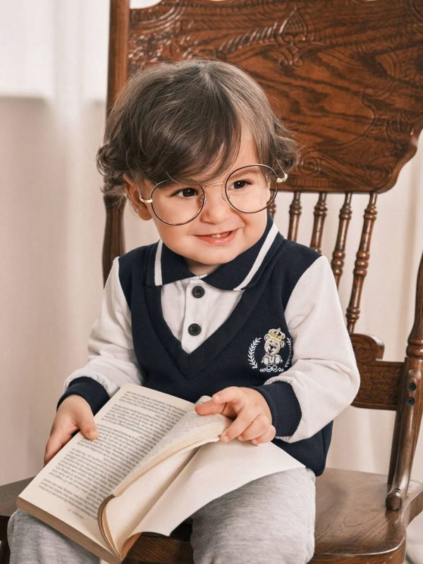 Souflis Baby Boy Casual Letter & Cartoon Embroidered Long Sleeve Faux 2-Piece Outfit