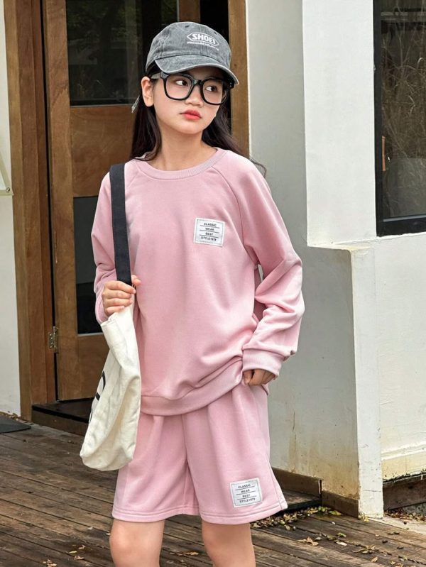 SHEIN Tween Girls' Versatile Casual Simple Letter Print Outfit - Long Sleeve Sweatshirt And Shorts