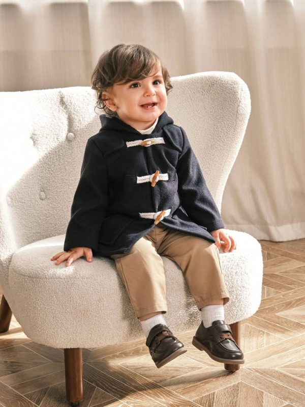 Souflis 1pc Baby Boys Hooded Solid Color Button Casual Soft Jacket Long Sleeve Outfit