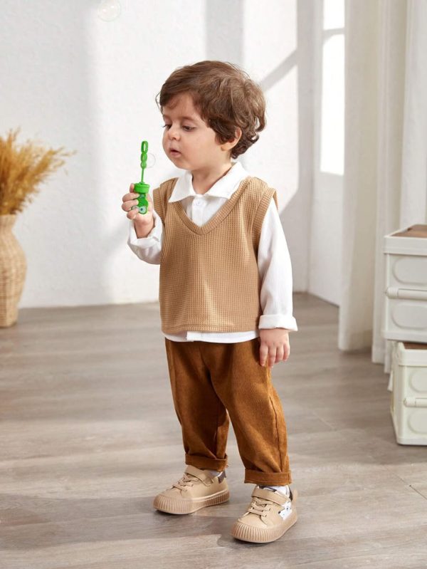 SHEIN 3pcs/Set Infant Boys/Girls Waffle Knit Vest, Solid Shirt And Pants Outfit, Autumn/Winter
