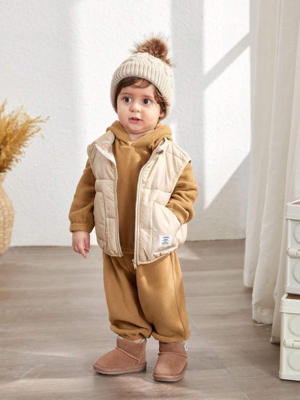 SHEIN 3pcs Baby Boy/Girl Cute Hooded Sweatshirt, Flannel-Lined Vest Jacket Winter Outfit Set