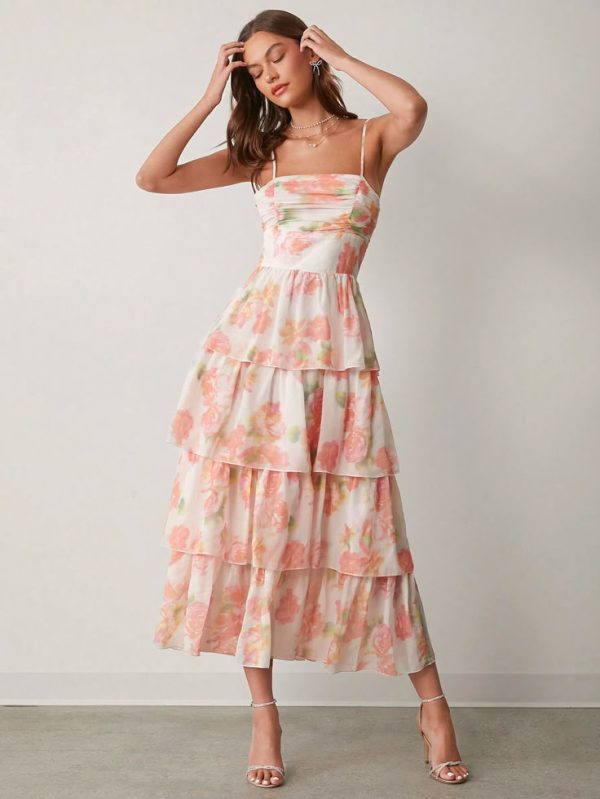 Enchnt Fall Dresses, Romantic Sfumato Floral Print Camisole Cake Dress For Women