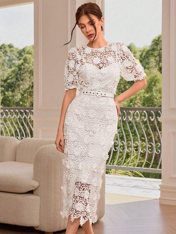 SHEIN Rosie Elegant Commute Niche Embroidered Puff Sleeve Fitted Long Dress