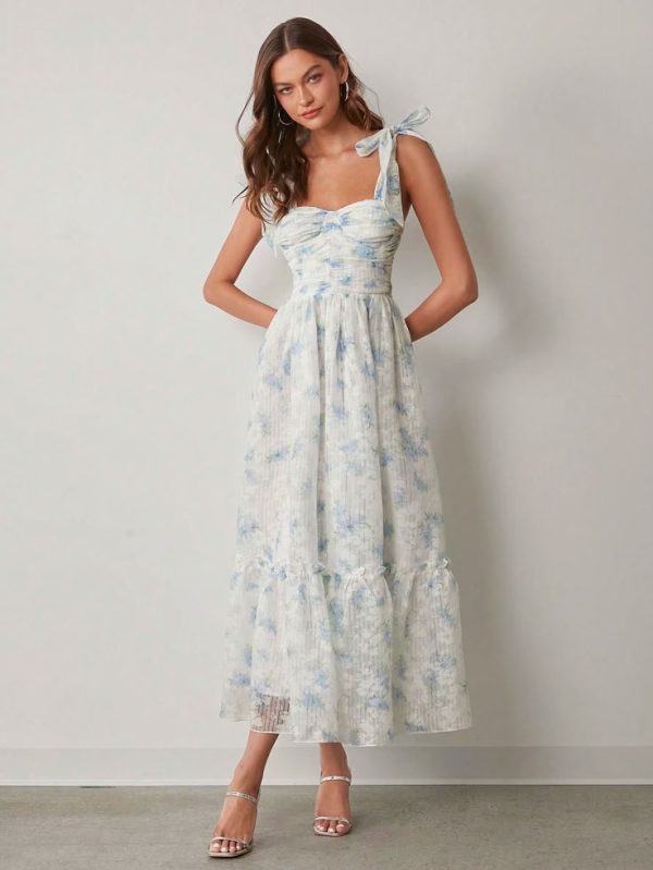 Romantic Women's Strap Bow Design, Pleated Slim Fit, Elegant And Gentle Ruffled Flower Dress