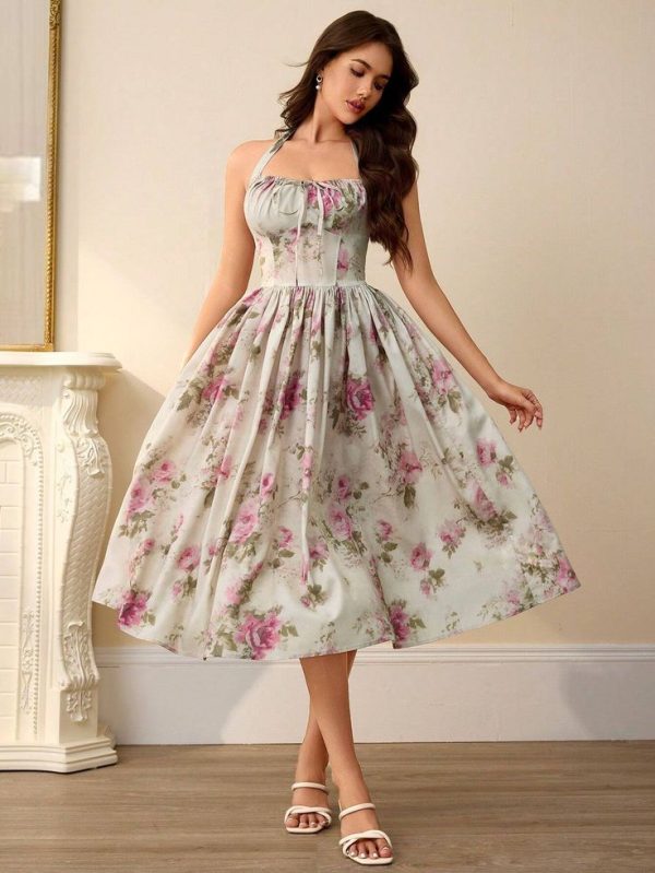 SHEIN Rosie Elegant Romantic Random Pastel Printed Halter Curve Cinched Waist Dress For Women