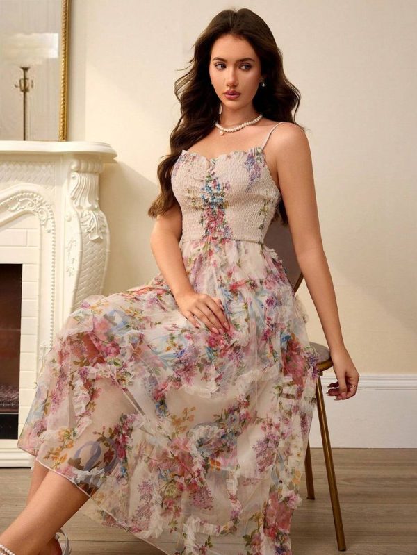 SHEIN Rosie Random 3D Mesh & Embroidered Flounce Strap Dress