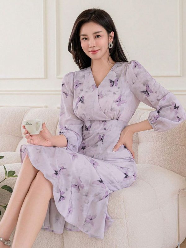 DAZY Women's V-Neck Printed Long Sleeve Dress