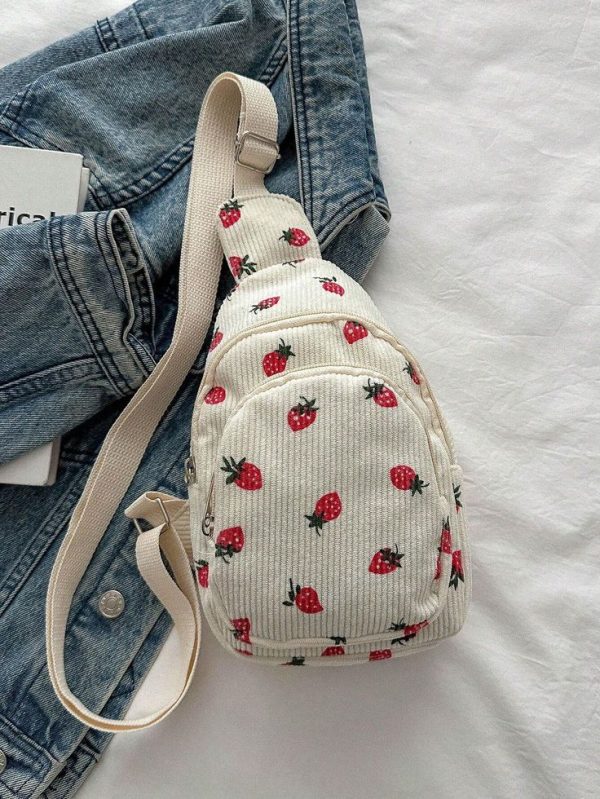 White Strawberry Printed Women's Chest Bag Waist Bag