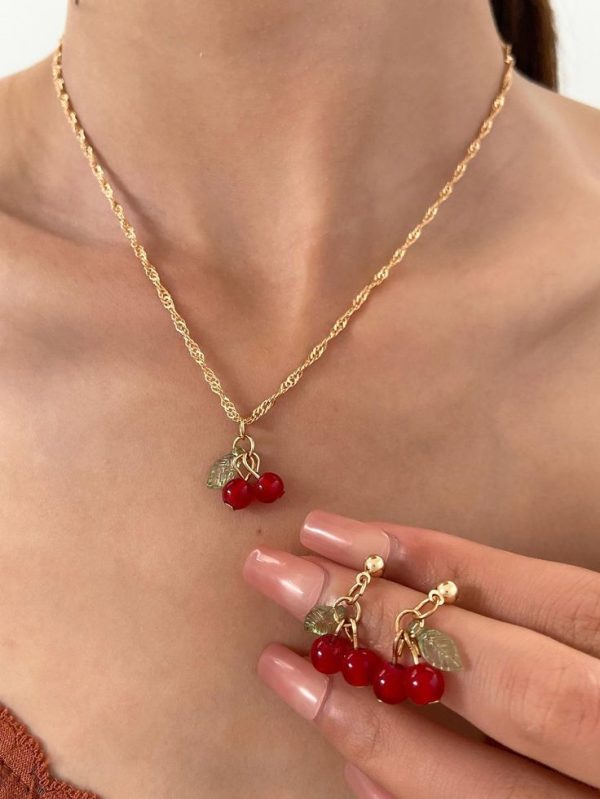 3pcs/set Delicate Cherry Necklace & Cute Earrings & Unique Peanut Necklace Earring Sets
