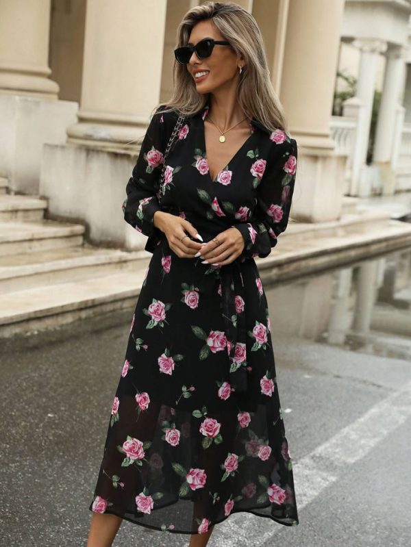 SHEIN Privé Floral Printed Chiffon Tie Waist Lapel Collar Long Sleeve Dress