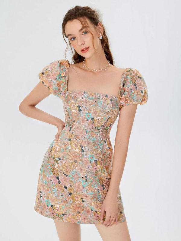 SHEIN MOD Allover Floral Print Square Neck Puff Sleeve Dress
