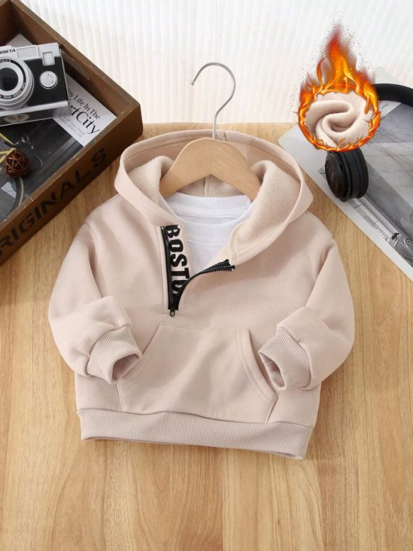 SHEIN Baby Boy Casual Versatile Letter Printed Hooded Sweatshirt With Pocket, Long Sleeve