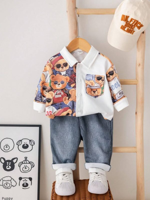 SHEIN Baby Cute Cartoon Bear Print Color Block Long Sleeve Shirt And Elastic Waist Pants Outfit