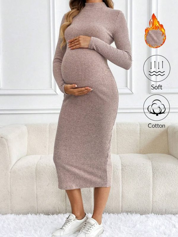 SHEIN Maternity Solid Color Stand Collar Slim Fit Casual Dress, Spring Autumn