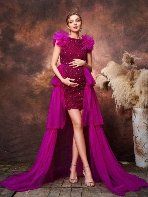 Maternity Mesh Overlay Sequin Formal Party Photoshoot Dress